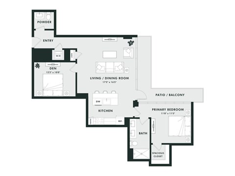 Floor plan for 1 bed, 1.5 baths, 1002 sqft
